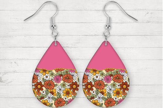 Pink Boho Flowers Tear Drop Earrings