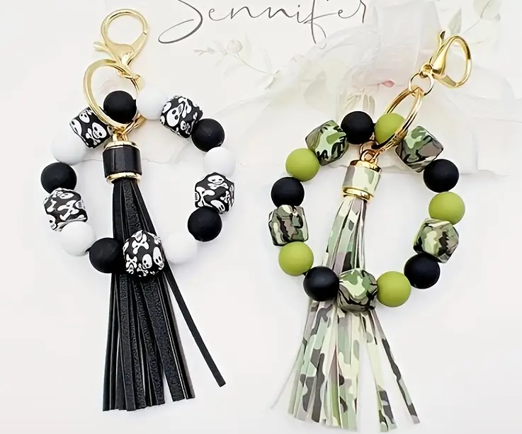 Fun Novelty Silicone Bead Keychain with Tassel-Camo Or Skulls