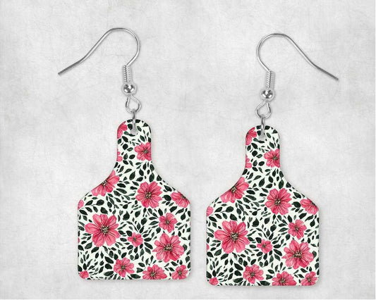 Pink & Black Floral Cow Tag Earrings