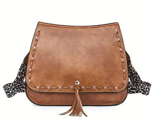 Tan Retro Studded Shoulder Bag w/Tassel