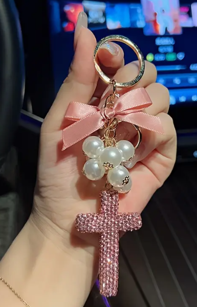 Crystal Cross With Pearls &  Coquette Bow Keychain