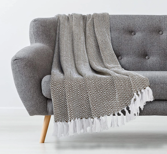 Tan Cotton Hand Woven Chevron Throw Blanket