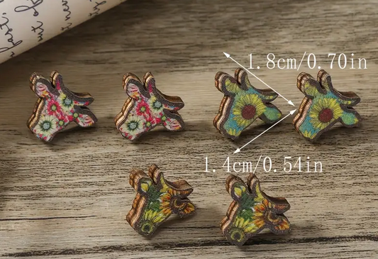 3 Pc Set Floral Cow Wood  Earrings