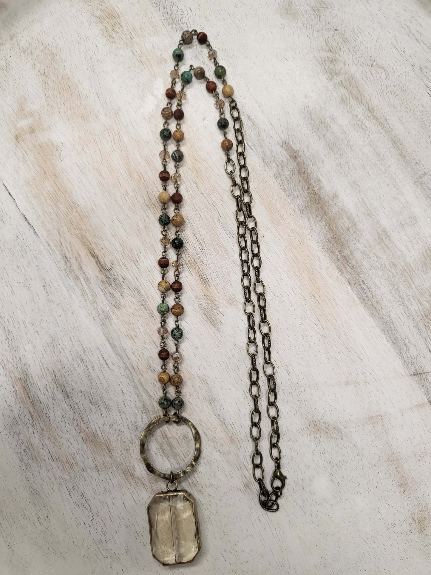 Multi Color Beaded Antique Gold NK w/ Beveled Pendant