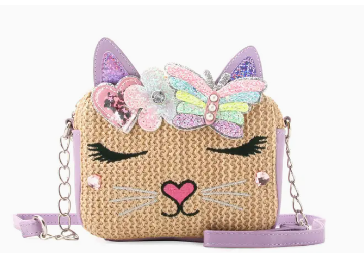 Miss Bella Kitty Cat  Straw Crossbody Bag