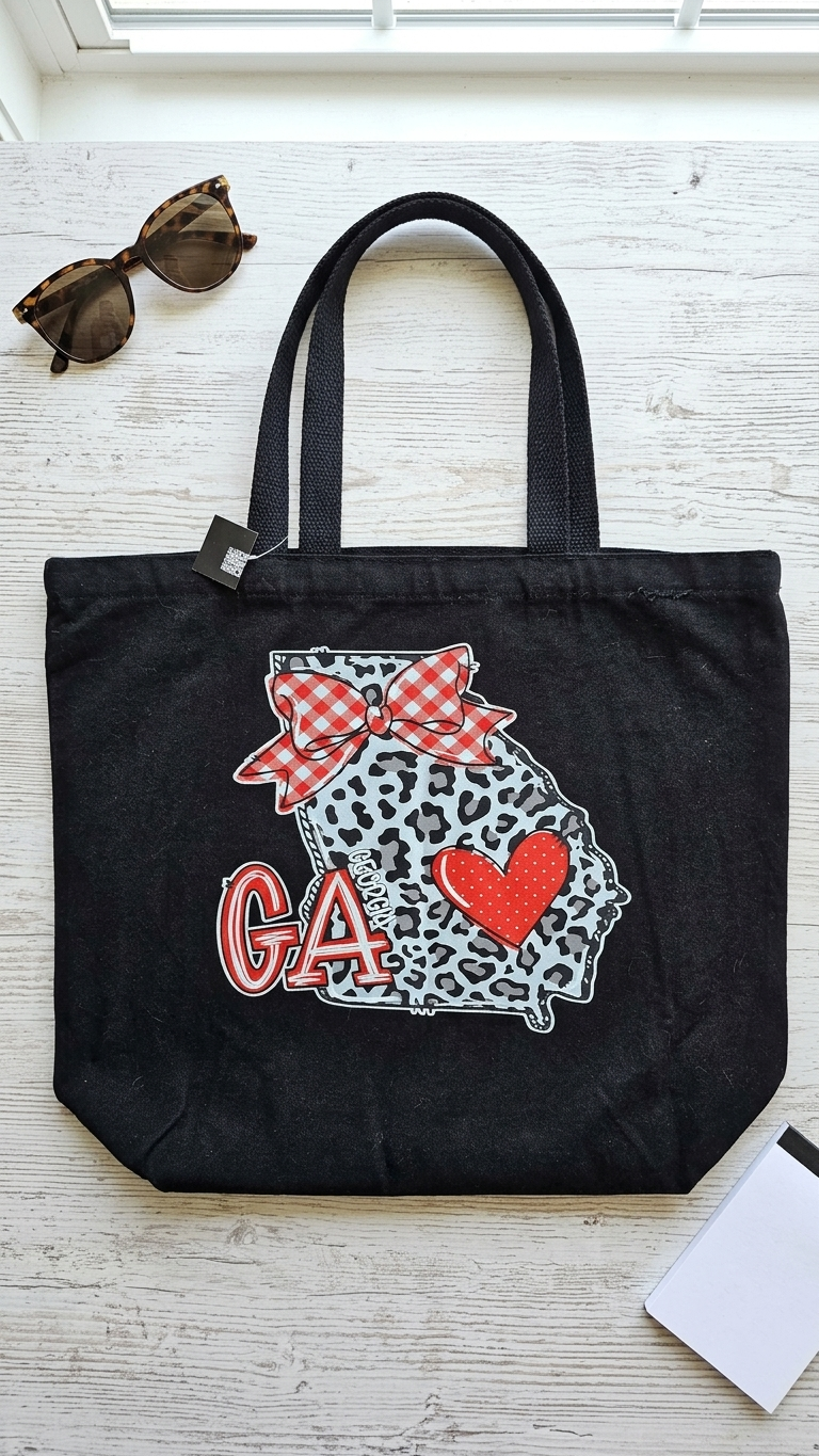 Black tote bag with a Georgia-themed design featuring a bow, heart, and 'GA' text on a light wooden surface.