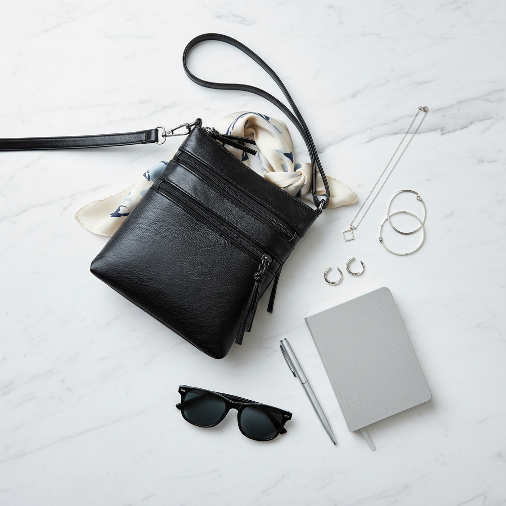 Soft Leather Multi-Zipper Crossbody Bag Black Flat Lay