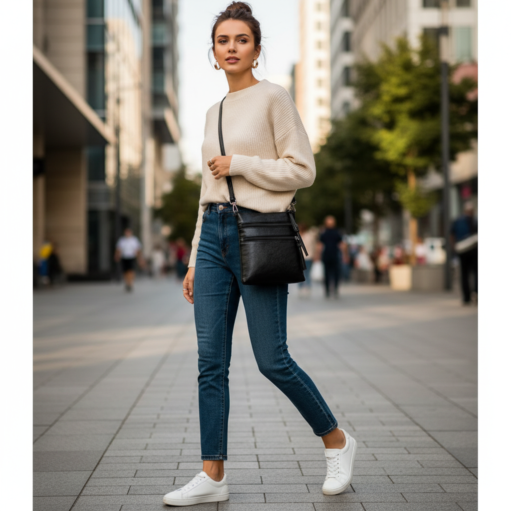 Soft Leather Multi-Zipper Crossbody Bag Black Lifestyle