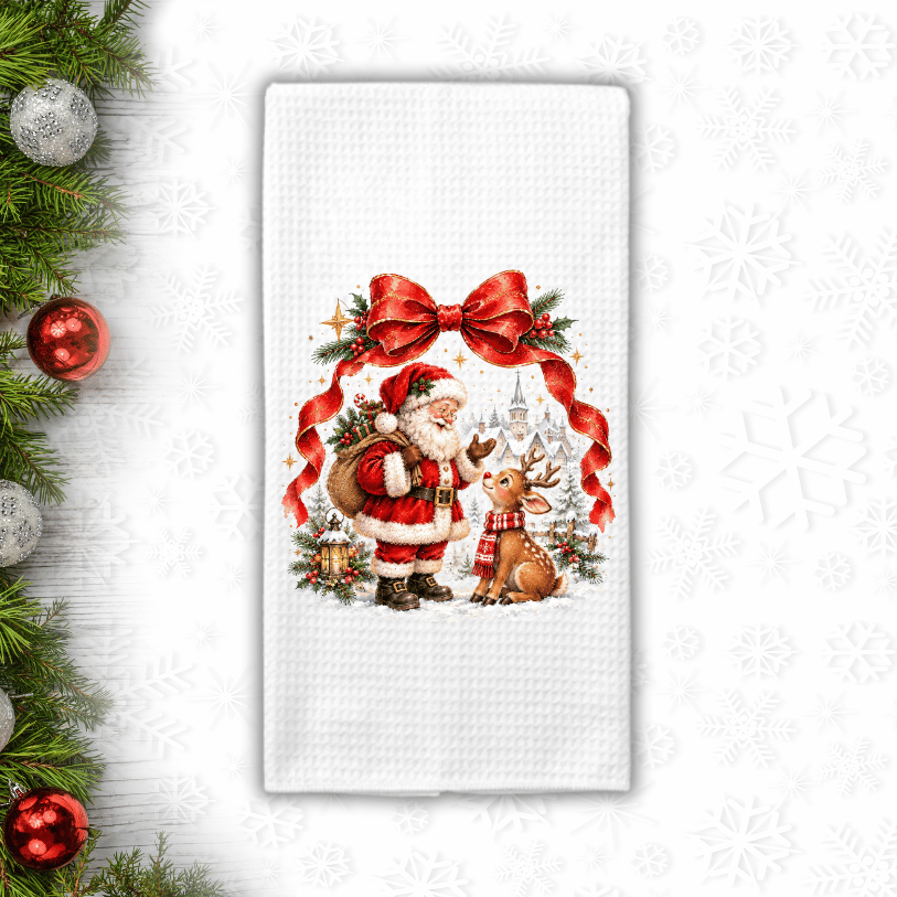 Vintage-Style Santa & Reindeer Christmas Bow Waffle Weave Kitchen Towel